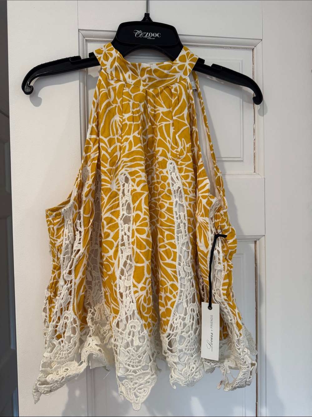 Lovers + Friends Yellow & White Crochet-Hem Halter Top